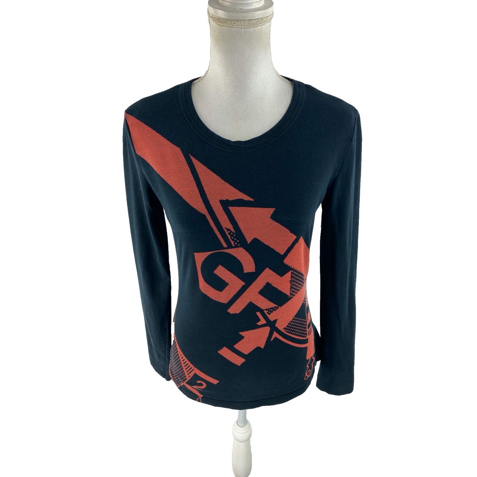 Gf Ferre Womens L (Fits Slim) Long Sleeve Graphic Tee Top Logo Spellout Designer